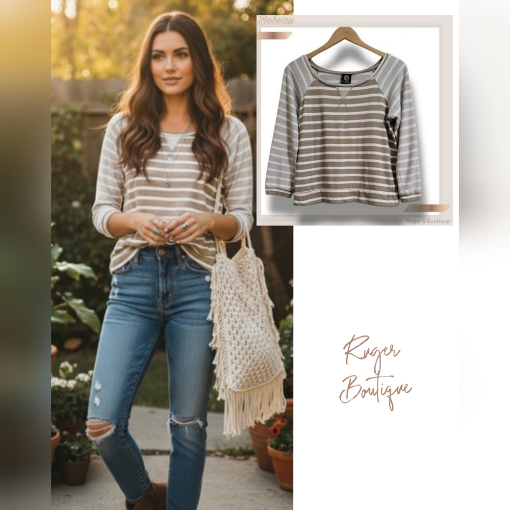 🌿Bobeau Womens Medium Beige White Striped 3/4 Sleeve Distressed Sweater-Cute!